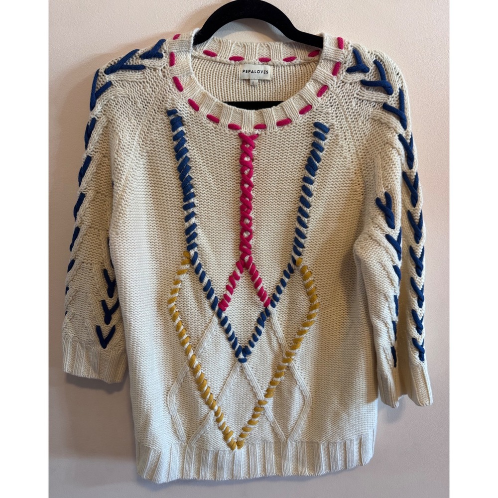 Pepaloves Cream Embroidered Chunky Knit Sweater 3/4 Sleeve Boho Geometric Large